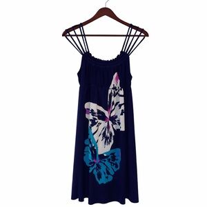 🦋 Moa Moa Navy Blue Butterfly Floral Spaghetti Strap Dress Women’s L